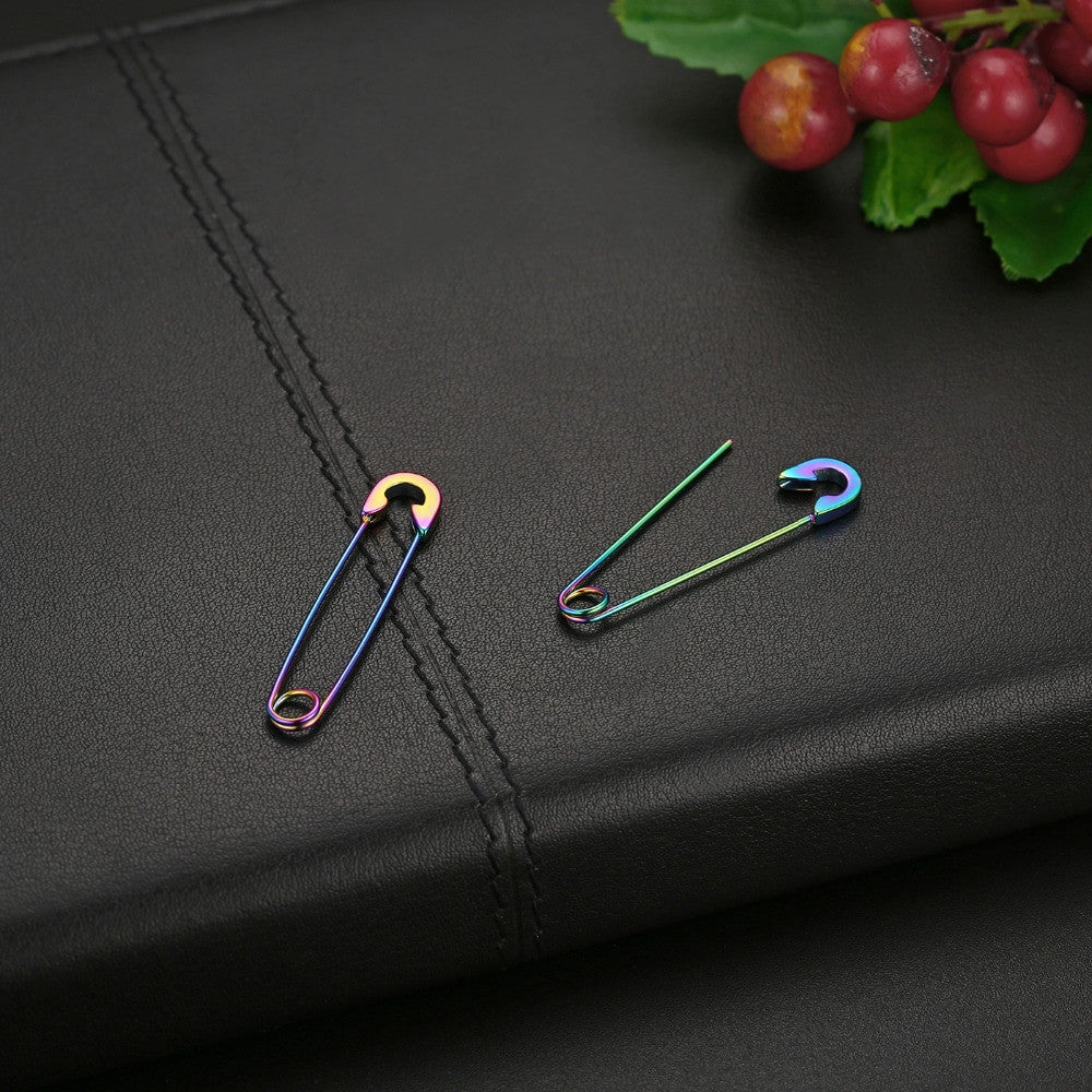 Punk Rock Unique Design Gold Silver Rainbow Color Stainless Steel Saftey Pin Earrings