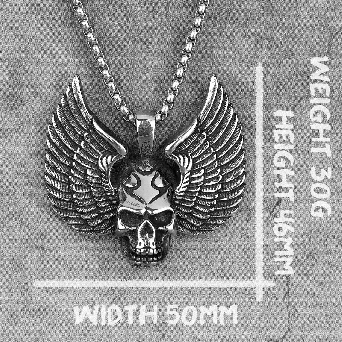 Mens No Fade 316L Stainless Steel Fallen Angel Skull Wings Hip Hop Street Wear Pendant