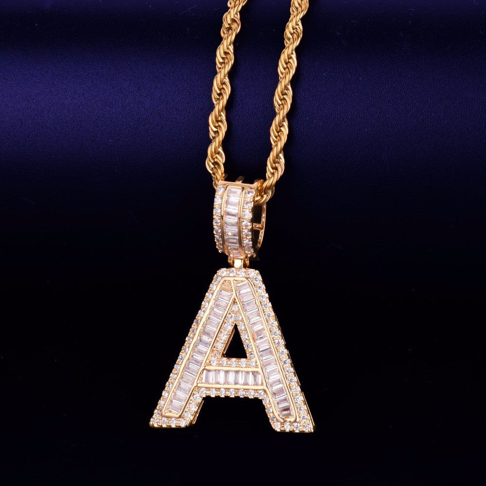 18k Gold Silver Rose Gold Baguette Initials Pave Stone Diamond Simulate Letters Pendants