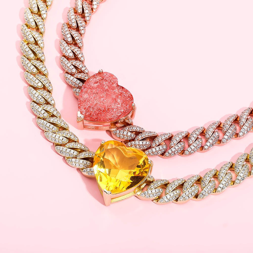 Ladies Iced Big Heart 9mm Cuban Link Choker Style Bling Chain Necklace