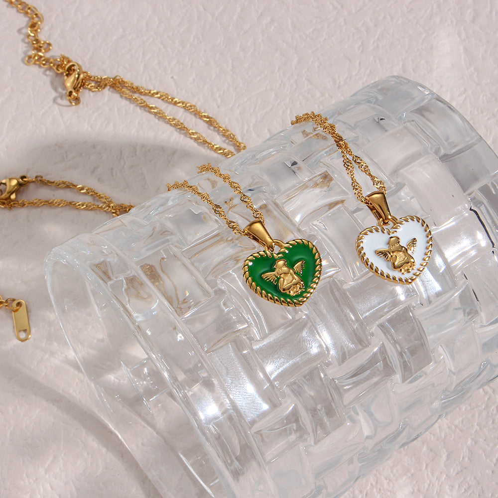 18k Gold Stainless Steel Tarnish Free Angel Heart Enamel Pendant Necklaces