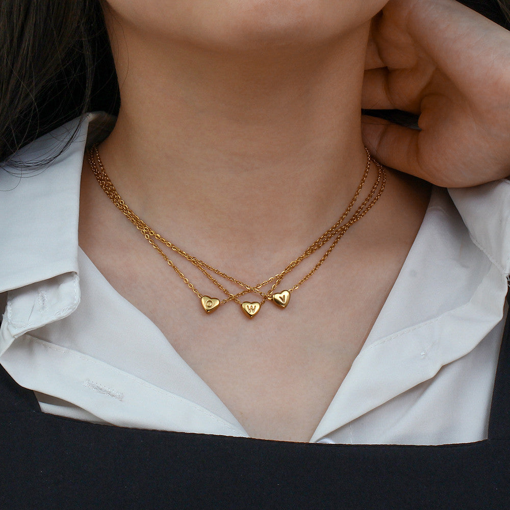 18k Gold Big Love Small Heart Initial Letter Solid Stainless Steel Chain Necklace