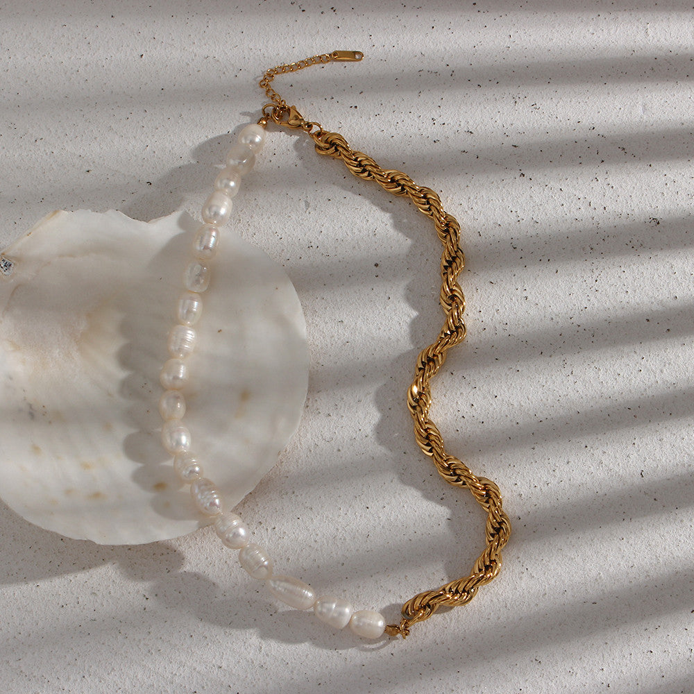 Ladies Bold Twisted Rope Chain Freshwater Pearl Chunky Necklace Bracelet Sets