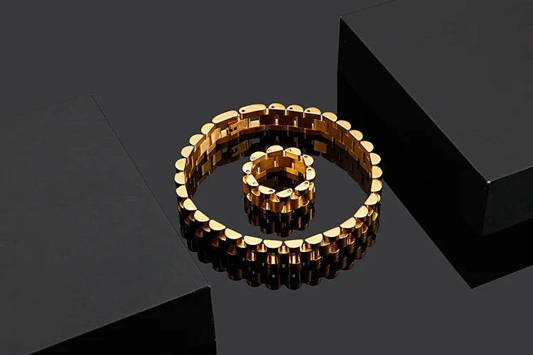 Men's 10mm Waterproof 18k Gold Silver Stainless Steel Watch Band Bracelet Ring Combo Set