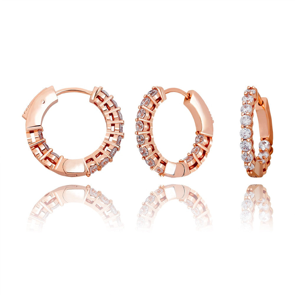 Women's Gold Silver Rose Gold All Ice Small Round Hoop Bling Earrings