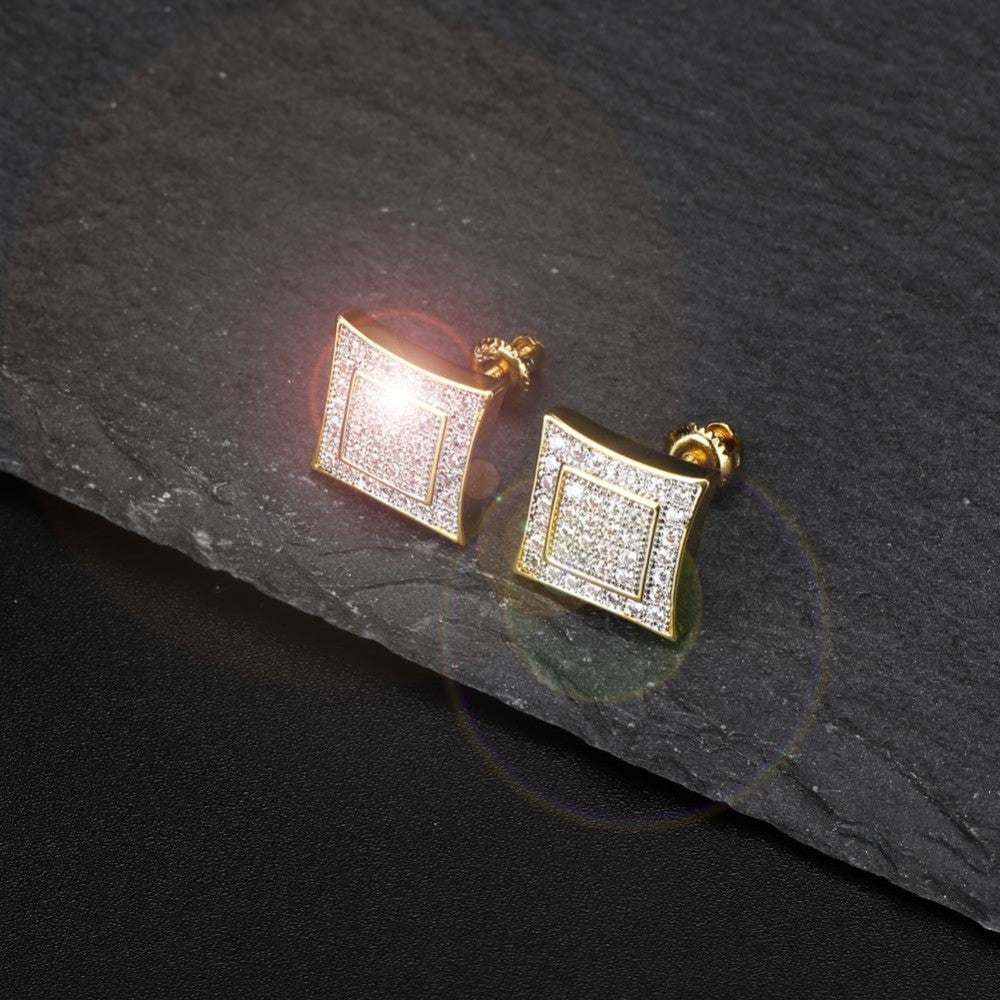 AAA Micro Pave Double Squared Hip Hop 14k Gold 925 Silver Flooded Ice Earrings