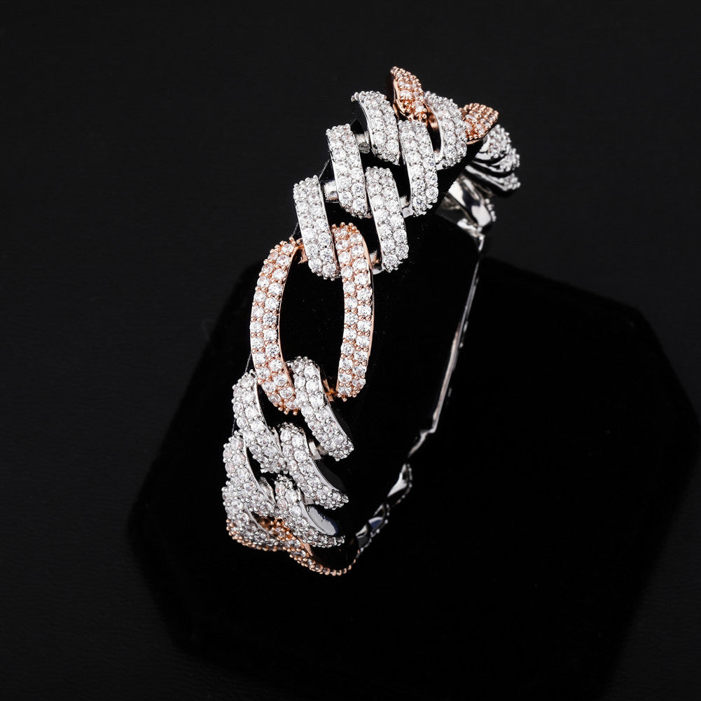 18mm Flooded Ice Three Link Figaro 14k Gold .925 Silver Hip Hop Bracelet