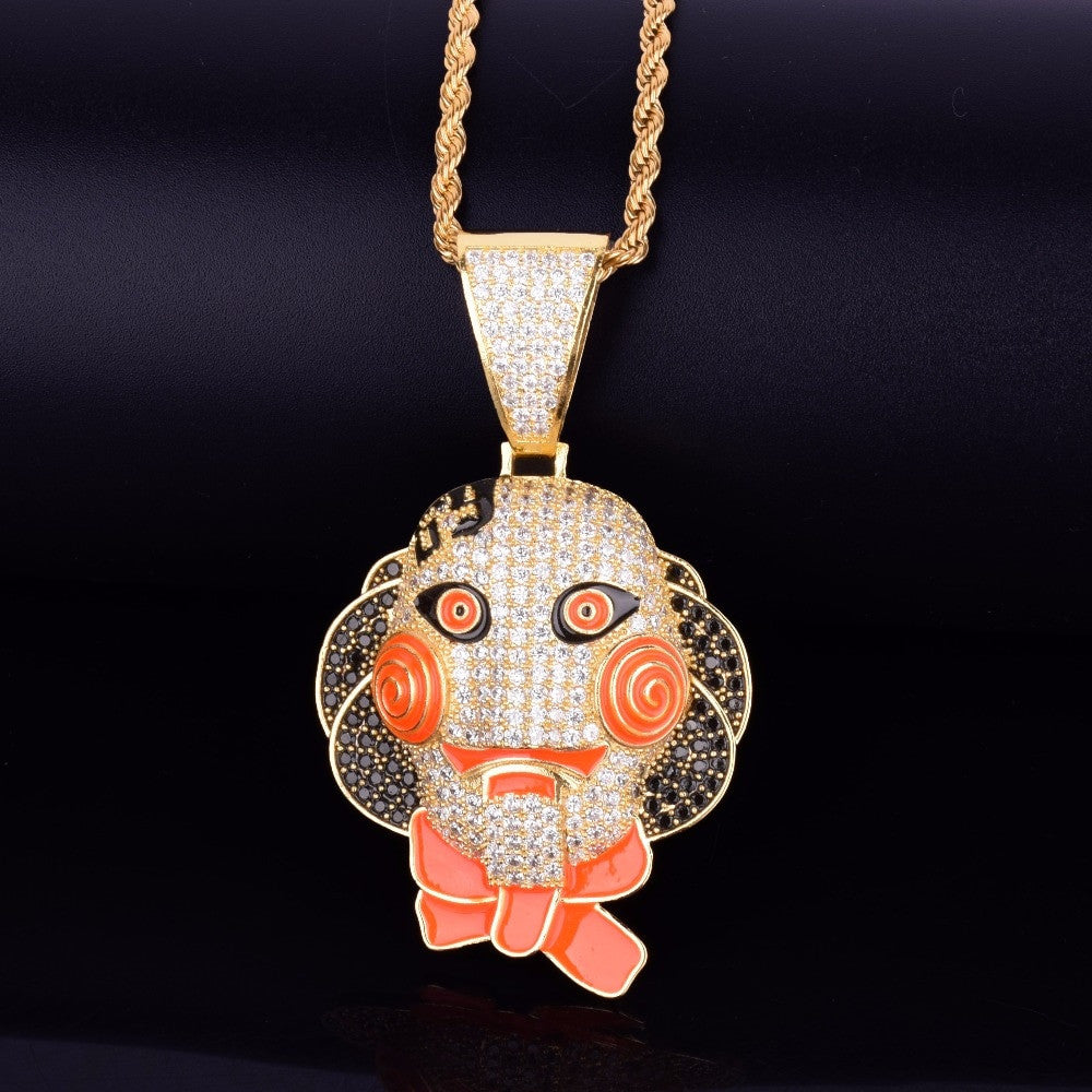 18k Gold .925 Silver Hip Hop Micro Paved Flooded Ice Stone 69 Saw Doll Chain Mask Pendant