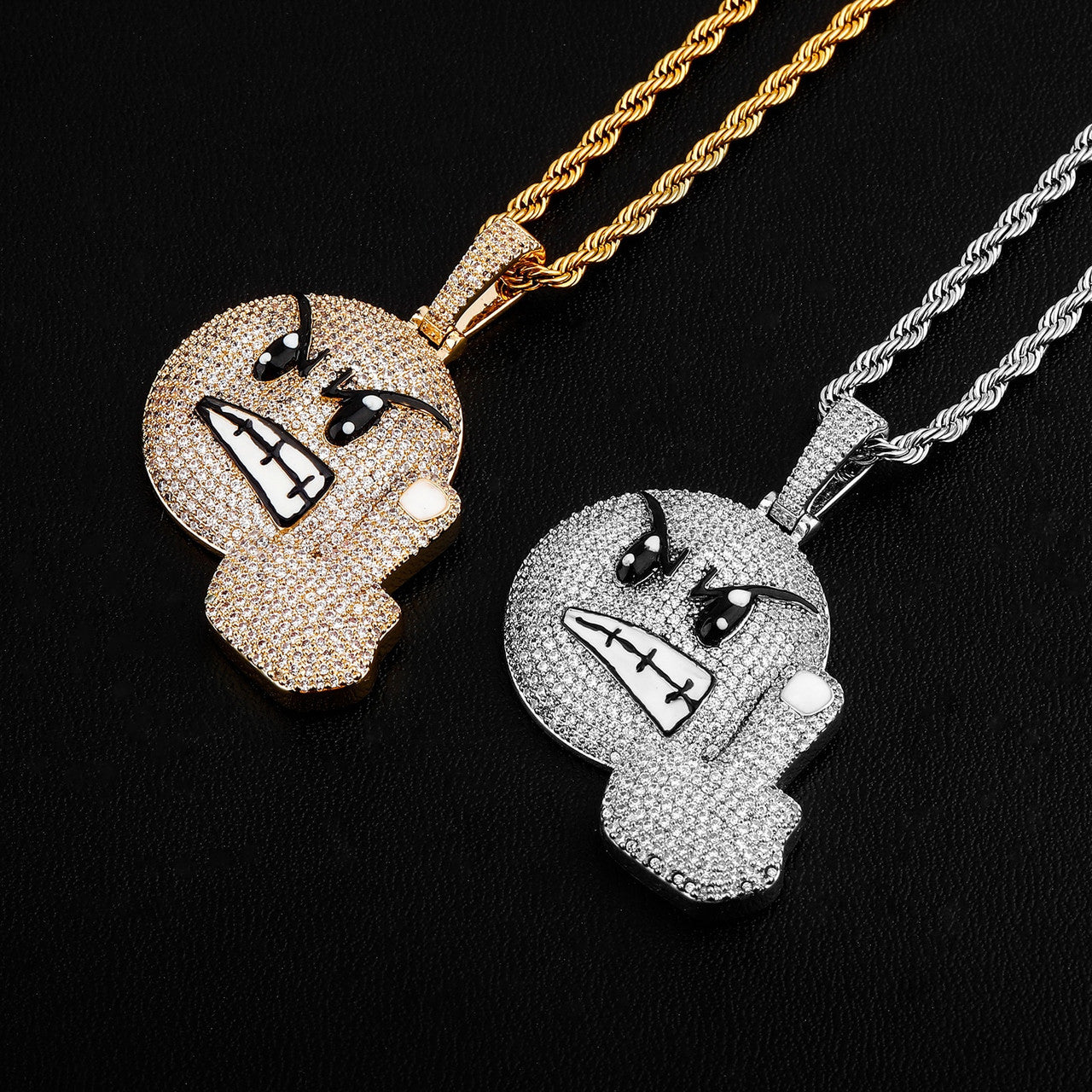 Mens New Bling Angry Face Middle Finger Emoji AAA Simulate Diamond Flooded Ice Pendant