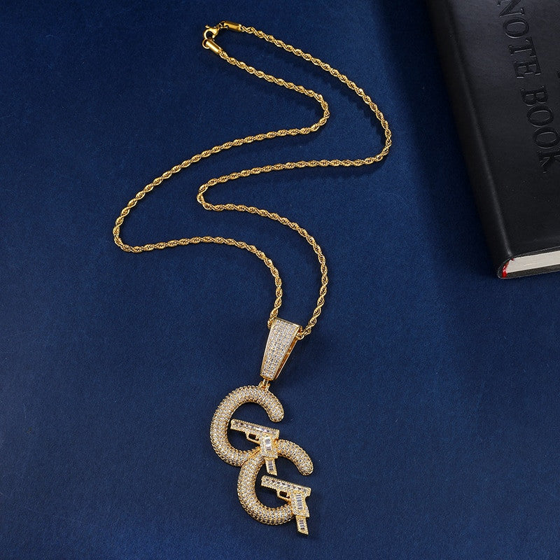 Princess Cut Double G Pistol AAA Micro Pave 18k Gold .925 Silver Hip Hop Pendant Chain Necklace