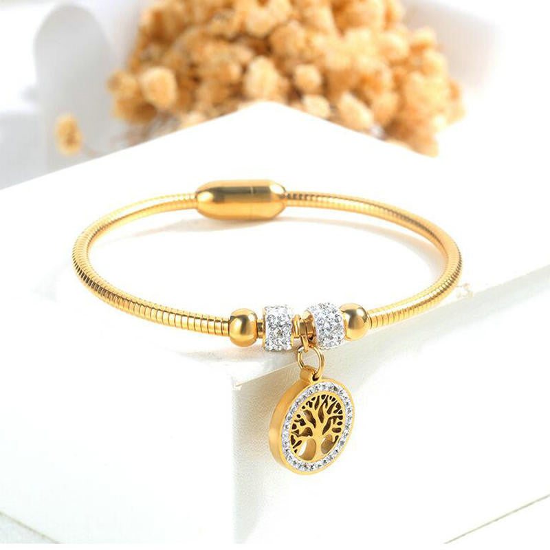 Ladies Tree Of Life Mother Earth No Fade Stainless Steel Gold Silver Rose Bangle Bracelet