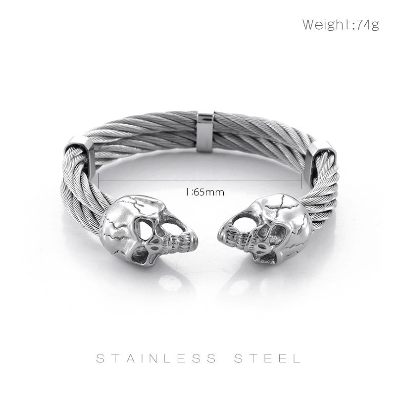 SkullFlex | Mens Double Layer Skull Cable Bangle Stainless Steel Bracelet