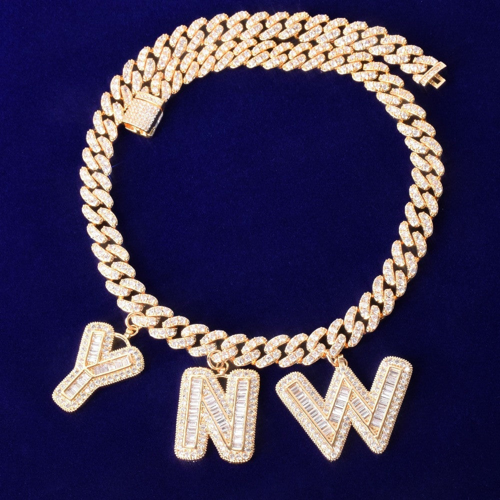 18k Gold .925 Silver Rose Gold Flooded Ice Baguette Stone 10mm Custom Letter Cuban Link Chain