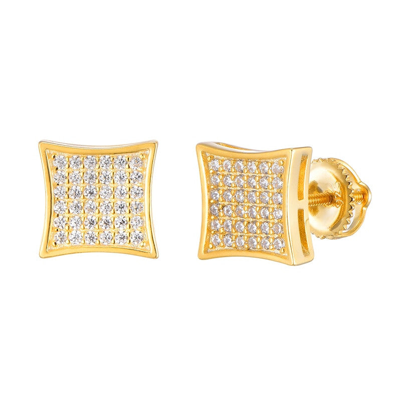 AAA Full Micro Pave Square Bling 14k Gold Iced Stud Earrings