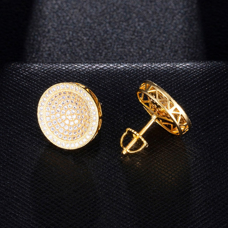 AAA Micro Pave Concave Dome Hip Hop Flooded Ice Screw Back Bling Earrings