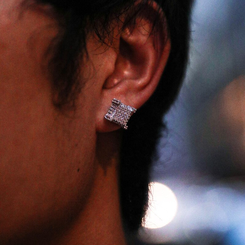 9mm Bling Flooded Ice Micro Full Pave AAA Stone Square Block Boy Hip Hop Earrings