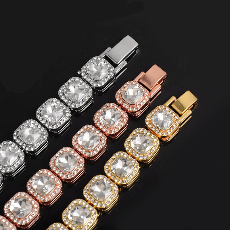 Hip Hop Big Boy 12mm Pave Prong Set AAA Center Stone Flooded Ice Chain Necklace Bracelet Set