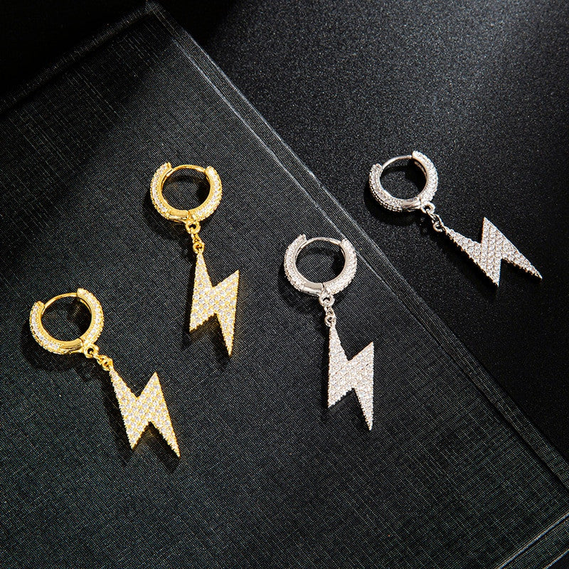 14k Gold 925 Silver Iced Thick Lightning Bolt Huggie Hip Hop Earrings