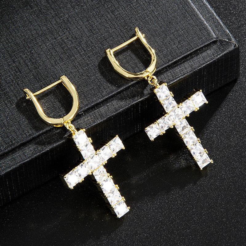 Hip Hop Micro Paved Designer Huggie Cross Flooded Ice Bling Earrings