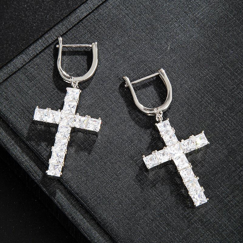 Hip Hop Micro Paved Designer Huggie Cross Flooded Ice Bling Earrings