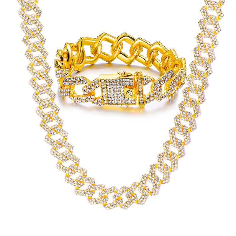 AAA Micro Pave 14k Gold .925 Silver 20mm Cuban Link Chain Necklace Bracelet Jewelry Set