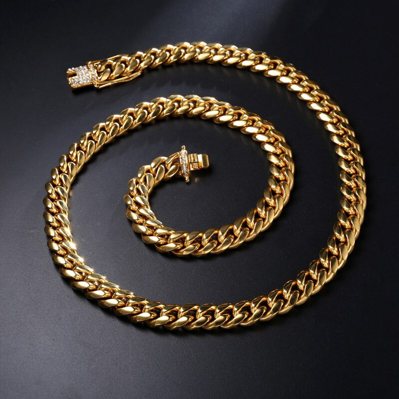 Hip Hop Mens Iced Clasp 316L Stainless Steel Cuban Link Bling Bling Chain Necklaces