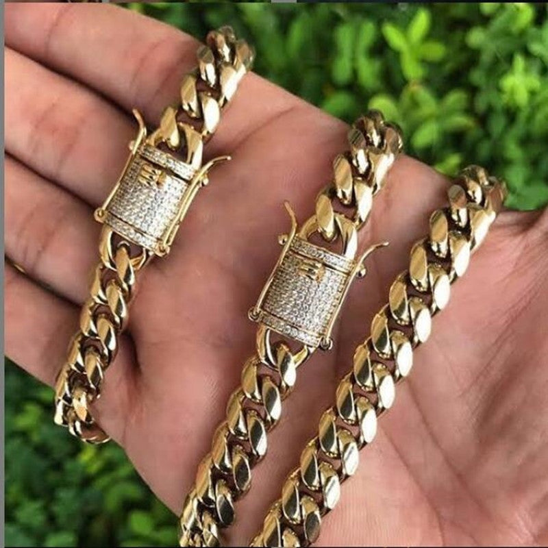 Hip Hop Mens Iced Clasp 316L Stainless Steel Cuban Link Bling Bling Chain Necklaces