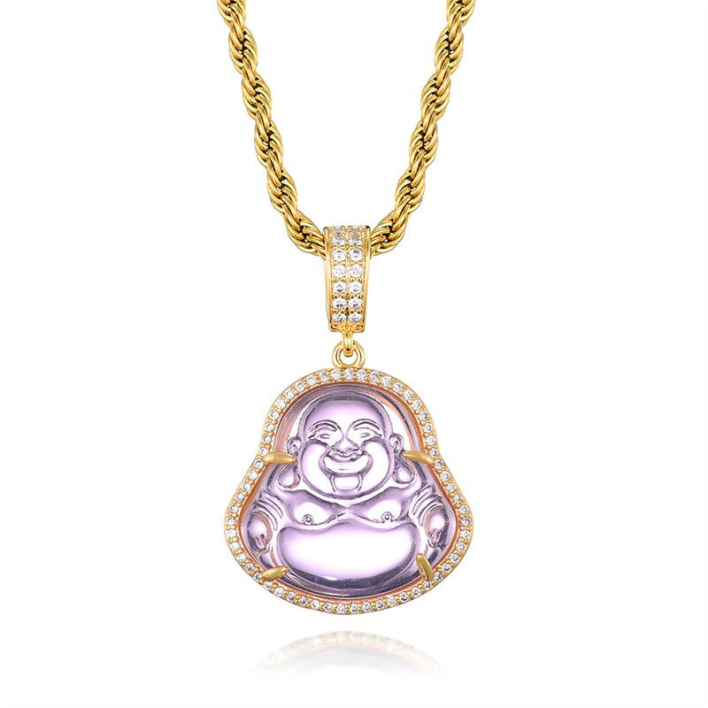14k Gold Stainless Steel Hip Hop 8 Colors Flooded Ice Buddha Pendant Chain Necklace