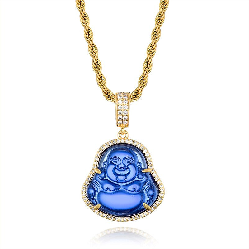 14k Gold Stainless Steel Hip Hop 8 Colors Flooded Ice Buddha Pendant Chain Necklace