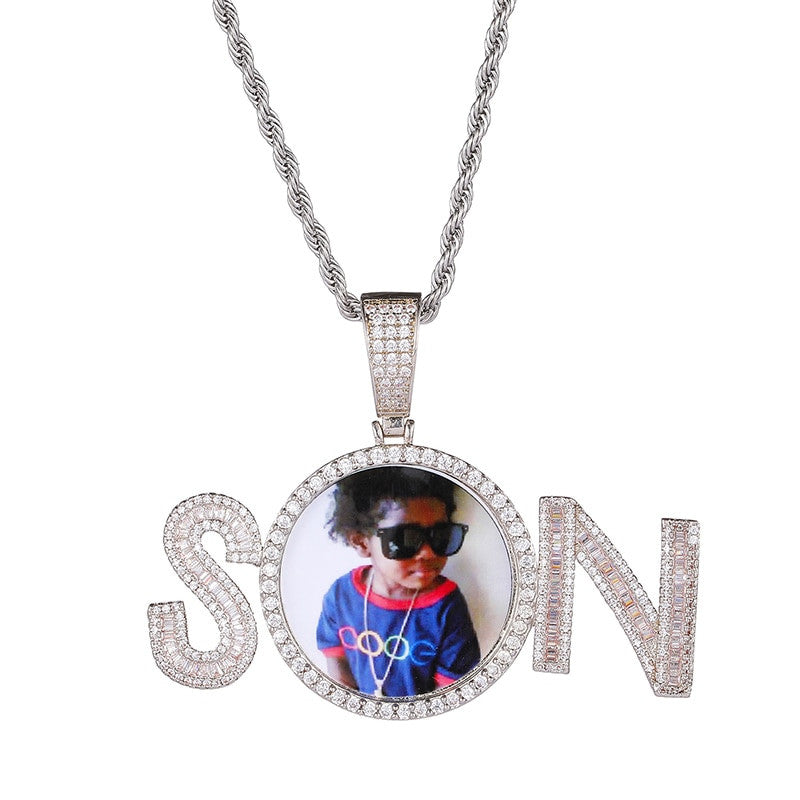 Custom Flooded Ice Baguette 2 Letters Son Hip Hop Picture Photo Pendant Chain Necklace