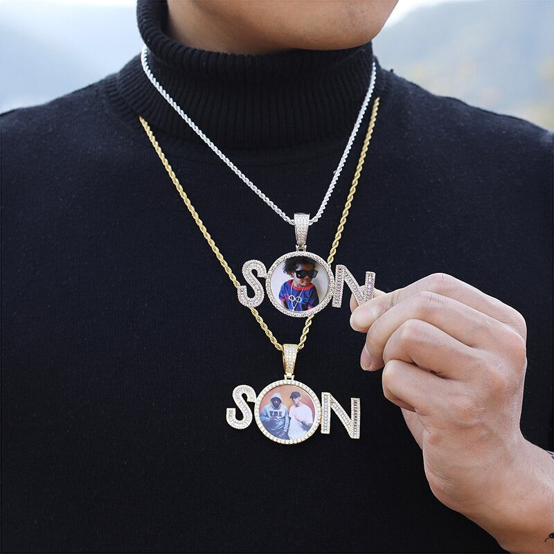 Custom Flooded Ice Baguette 2 Letters Son Hip Hop Picture Photo Pendant Chain Necklace