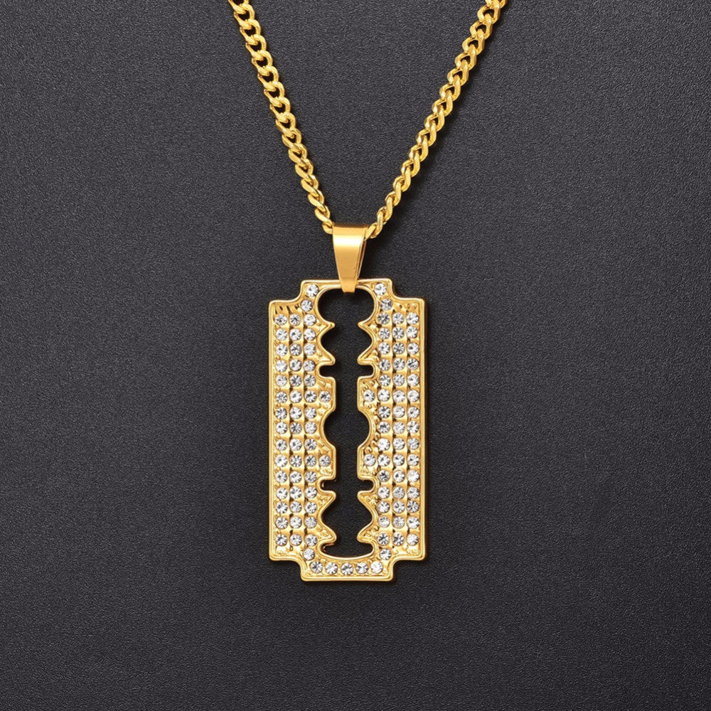 Mens 14k Gold over No Fade Stainless Steel Razor Blade Hip Hop Pendant