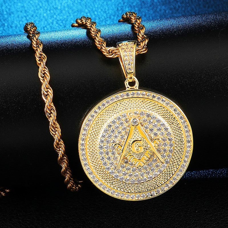Hip Hop Flooded Ice AAA Micro Pave Stone Masonic 14k Gold Bling Pendant