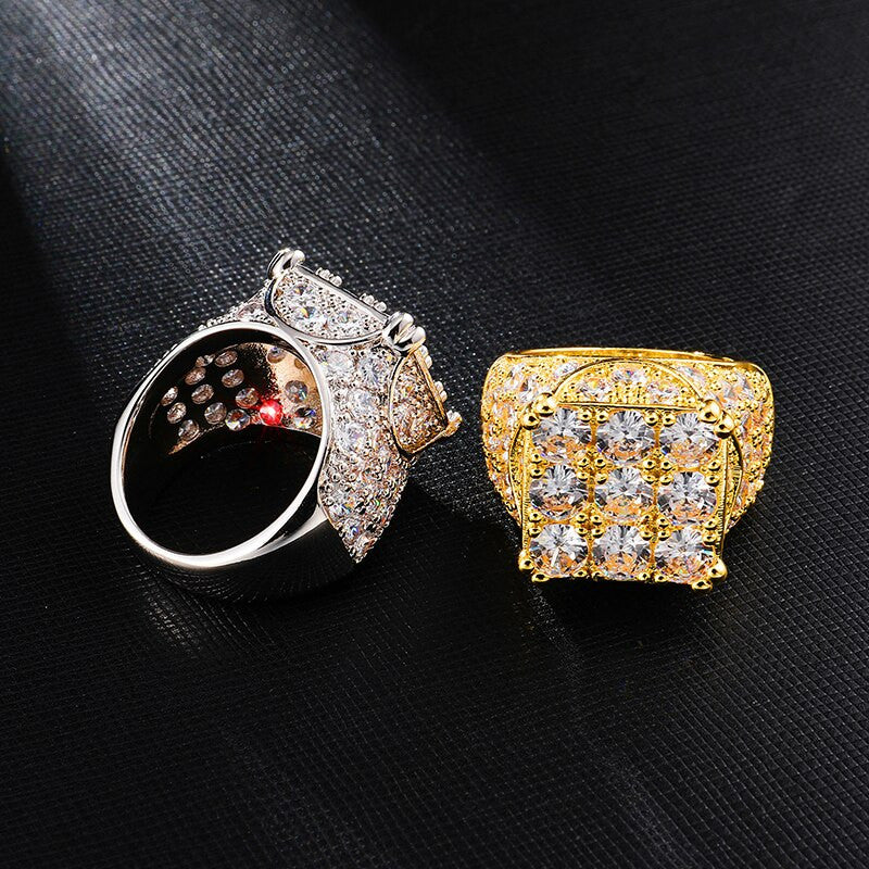 Hip Hop Full AAA Simulate Diamond 14k Gold Silver 9 Cut Bling Iced Rings