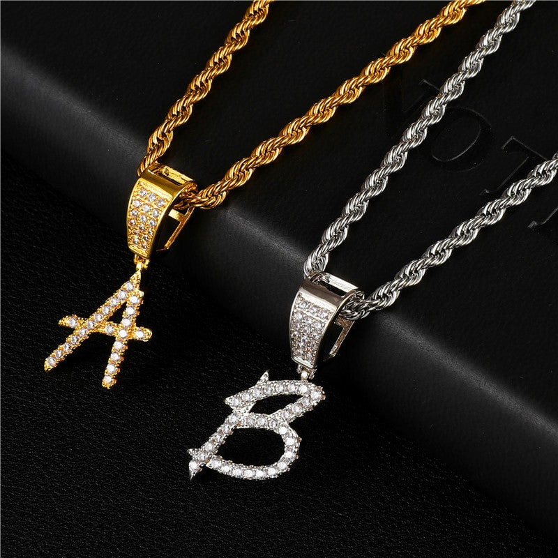 AAA Micro Pave Prong Set Stone Flooded Ice Script Initial Letter Pendant Chain Necklaces