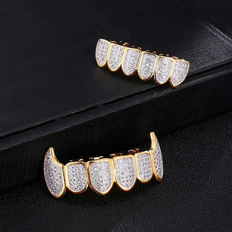  Flooded Ice 14k Gold Silver AAA Micro Pave Fang Teeth Grillz Top Bottom Set