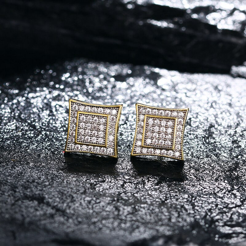15mm 18k Gold 925 silver Double Squared Micro Pave Hip Hop Earrings