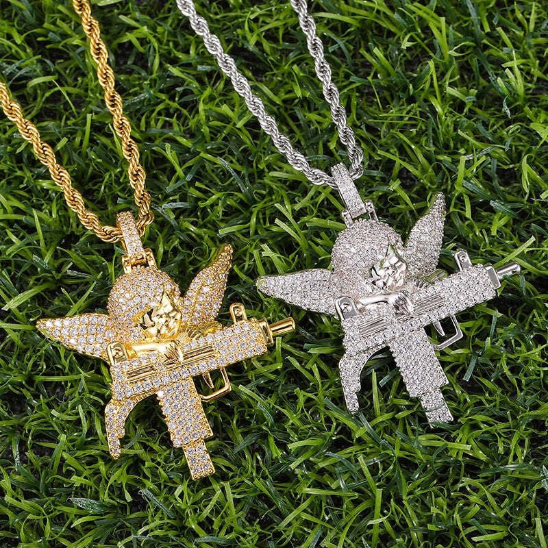 Flooded Ice Uzi Machine Hip Hop Guardian Angel Bling Pendant Chain Necklace