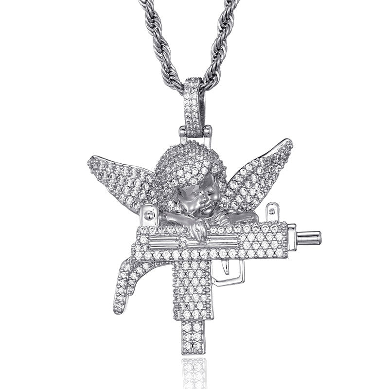 Flooded Ice Uzi Machine Hip Hop Guardian Angel Bling Pendant Chain Necklace