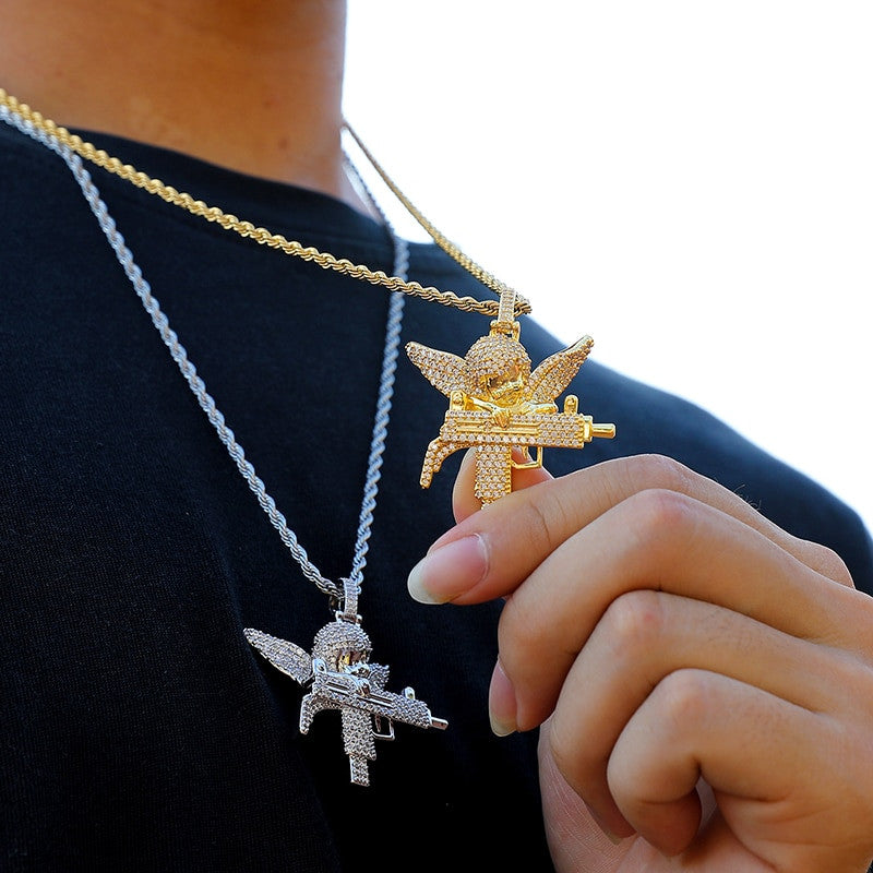 Flooded Ice Uzi Machine Hip Hop Guardian Angel Bling Pendant Chain Necklace