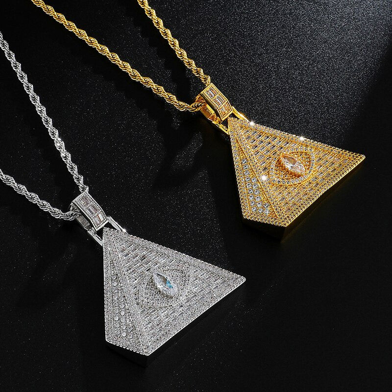 Flooded Ice All Seeing Eye Hip Hop AAA Simulate Diamond Pyramid Bling Pendant