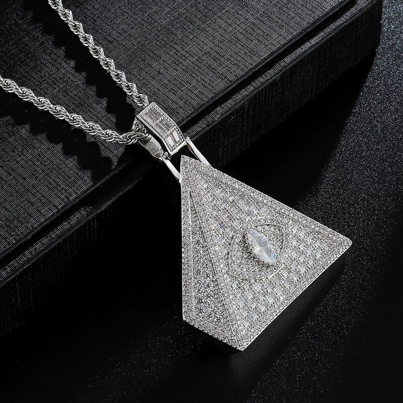 Flooded Ice All Seeing Eye Hip Hop AAA Simulate Diamond Pyramid Bling Pendant