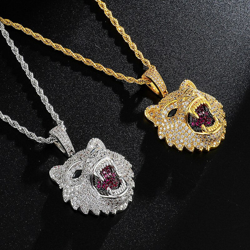 Hip Hop 14k Gold White Gold Flooded Ice Wolf Head Bling Pendant Chain Necklace