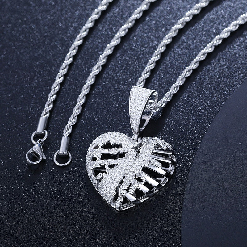 925 Solid Sterling Silver VVS Lab Diamond Hollow Heart Hip Hop Chain Pendant
