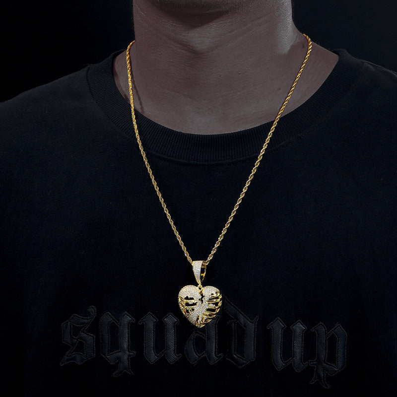 925 Solid Sterling Silver VVS Lab Diamond Hollow Heart Hip Hop Chain Pendant