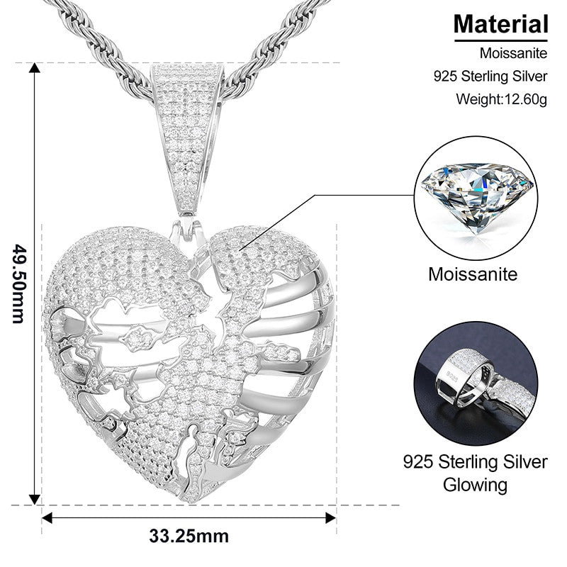 925 Solid Sterling Silver VVS Lab Diamond Hollow Heart Hip Hop Chain Pendant
