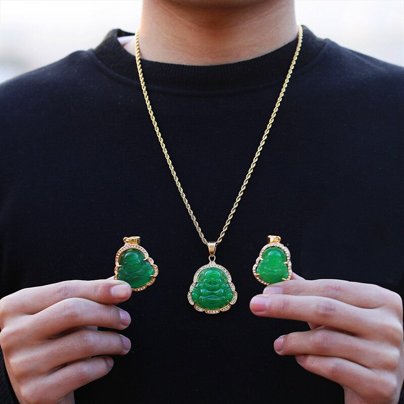 14k Gold over Titanium Steel Buddha Simulate Diamond Bling Pendant Chain Necklace