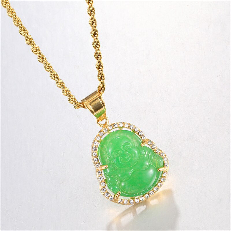 14k Gold over Titanium Steel Buddha Simulate Diamond Bling Pendant Chain Necklace