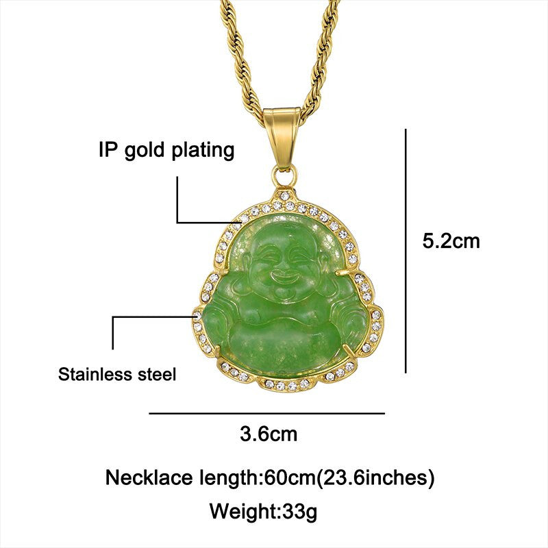 14k Gold over Titanium Steel Buddha Simulate Diamond Bling Pendant Chain Necklace