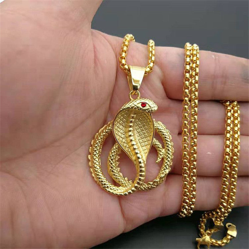 Coiled King Cobra Simulate Diamond 14k Gold over No Fade Stainless Steel Pendant Chain